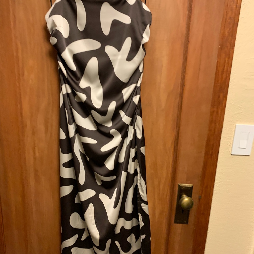 Paper Heart Soft Black and White Patterned slinky maxi dress with side slit.